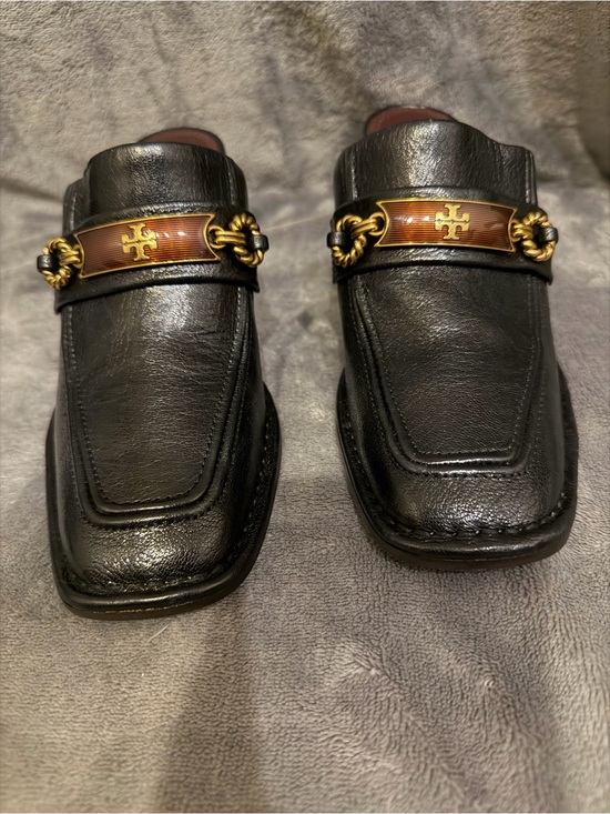 Tory Burch Shoes - Tory Burch Black Leather Loafers with Gold Chain and Brown Enamel Plaque